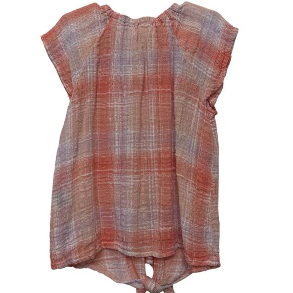 Bella Dahl Plaid Tie Front Top Girls Peach and White Plaid Size 8 - Picture 3 of 6